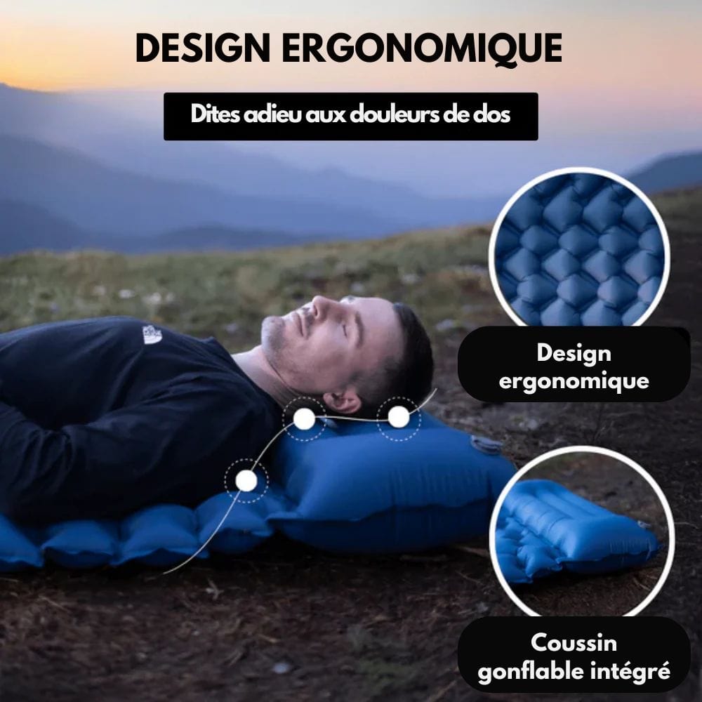 Materassino verde gonfiabile da campeggio con pompa pedale e cuscino integrato, design ergonomico, ideale per outdoor.