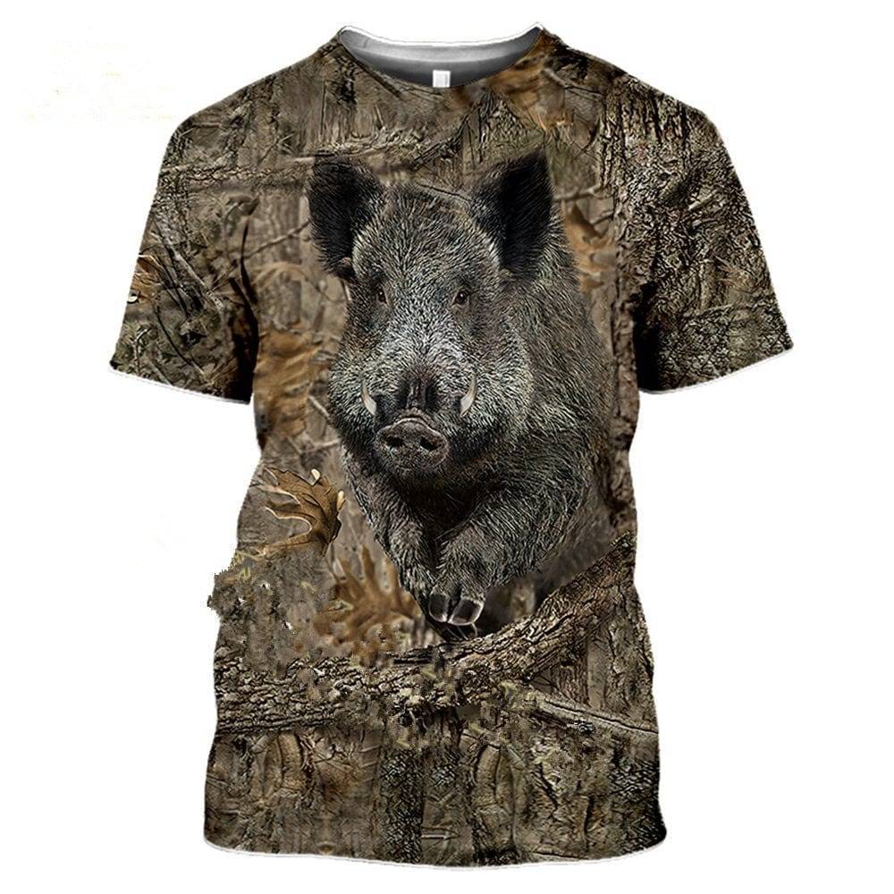 Men's 3D camouflage hunting T-shirt with realistic forest wildlife print, short sleeve activewear.