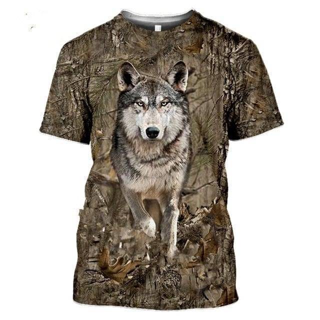 Group of men's 3D camouflage hunting T-shirts, showing various wildlife print options.
