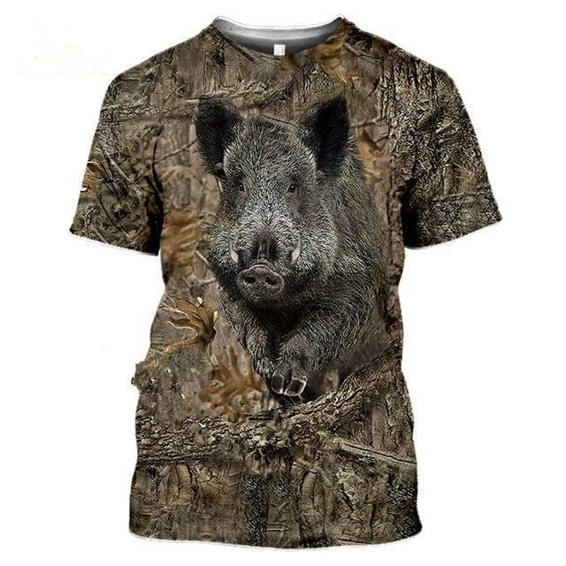 Men's short sleeve T-shirt for hunting, with realistic 3D camouflage and outdoor wildlife.