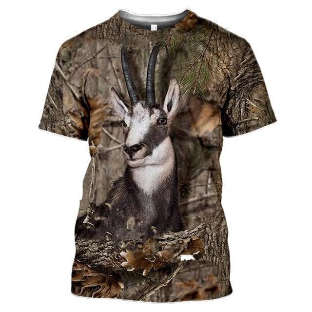 Lifestyle shot of men's activewear T-shirt with 3D camouflage wildlife print in an outdoor setting.