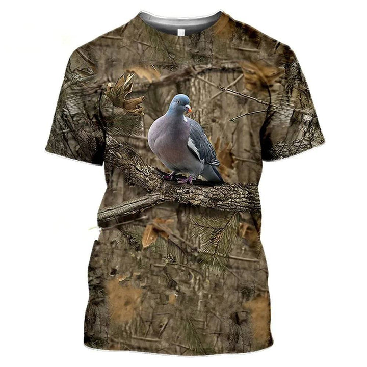 Full view of men's hunting 3D camouflage T-shirt, ideal for outdoor activewear.
