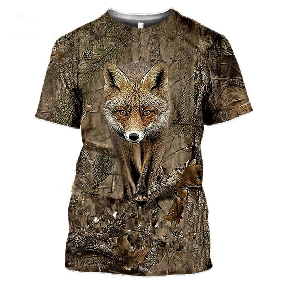 Men's short sleeve hunting shirt with a vivid 3D wildlife and camouflage print detail.