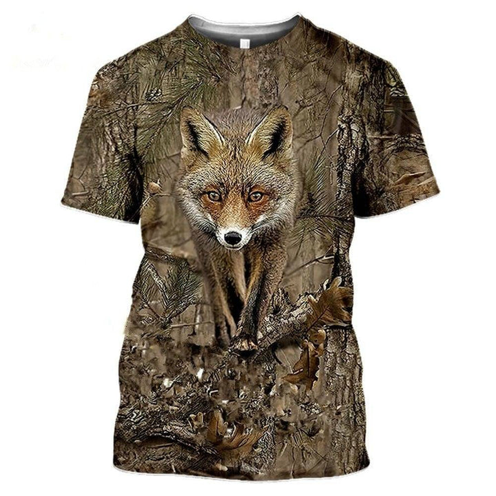 Men's short sleeve hunting shirt with a vivid 3D wildlife and camouflage print detail.