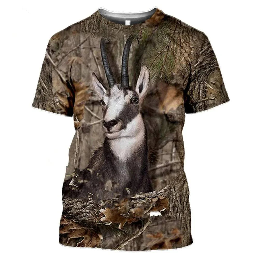 Front view of men's 3D camouflage tee, showcasing outdoor wildlife print and activewear design.