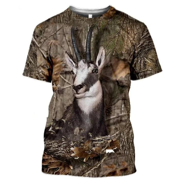 Front view of men's 3D camouflage tee, showcasing outdoor wildlife print and activewear design.