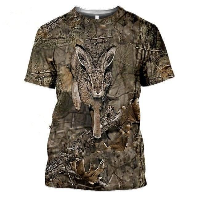 Folded men's 3D camouflage hunting T-shirt, highlighting the outdoor wildlife print.