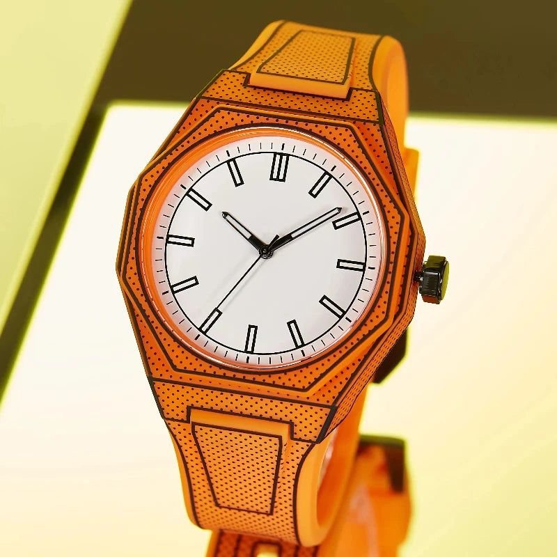 Men's 3D optical illusion quartz watch with orange silicone strap. Unique, water-resistant timepiece.