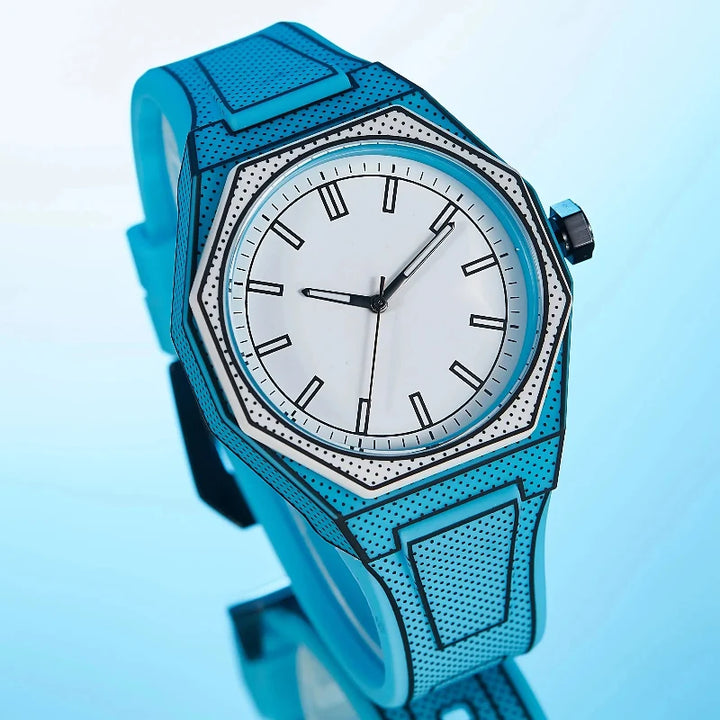 Men's light blue 3D optical illusion watch with silicone strap. Unique quartz, water-resistant, men's fashion.