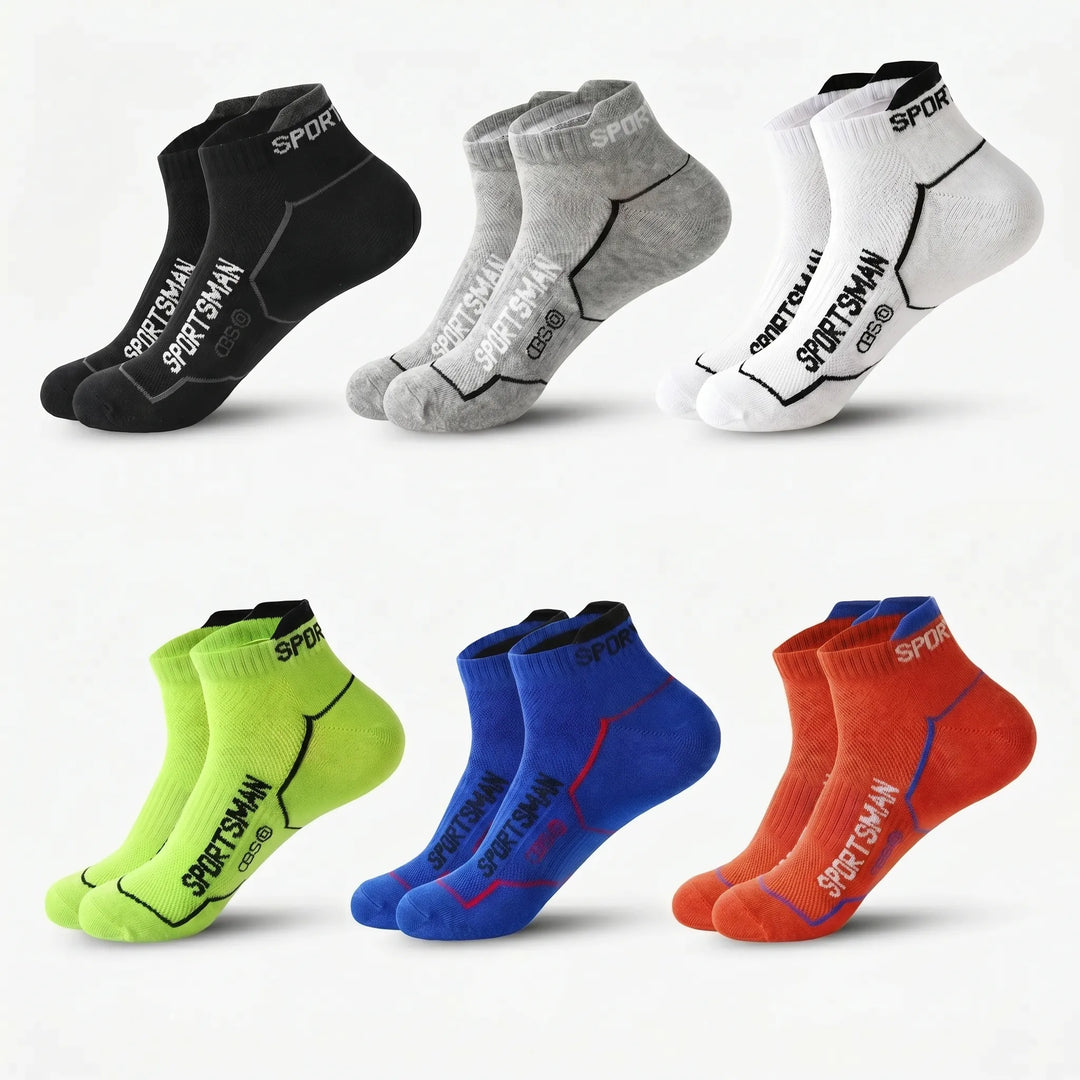 Versatile men's low-cut ankle socks, 6-pack breathable athletic design for various sports.