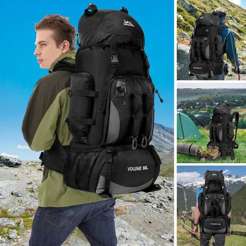 Men's 90L hiking backpack, ideal for multi-day treks & camping. Large capacity rucksack with multiple compartments.