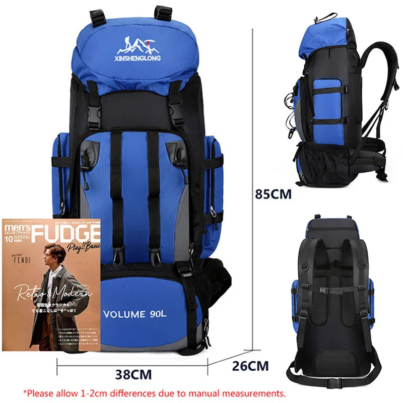 Waterproof 90L men's hiking backpack for outdoor adventures. Large capacity travel rucksack with many compartments.