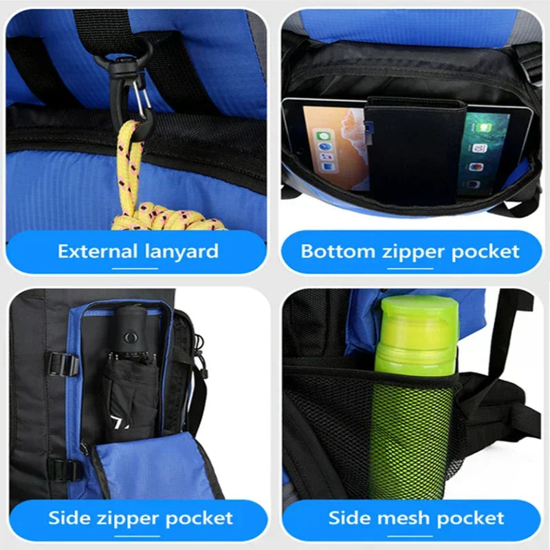 Durable men's 90L trekking backpack with multiple compartments. Waterproof rucksack for outdoor adventures.