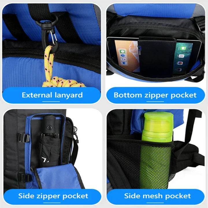 Durable men's 90L trekking backpack with multiple compartments. Waterproof rucksack for outdoor adventures.