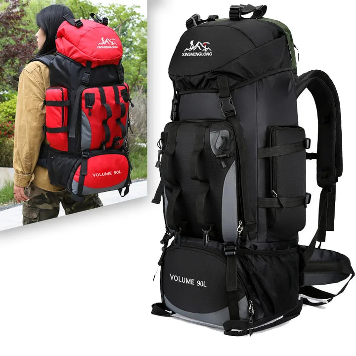 Large capacity 90L men's outdoor backpack. Multi-day hiking & camping rucksack with many compartments.