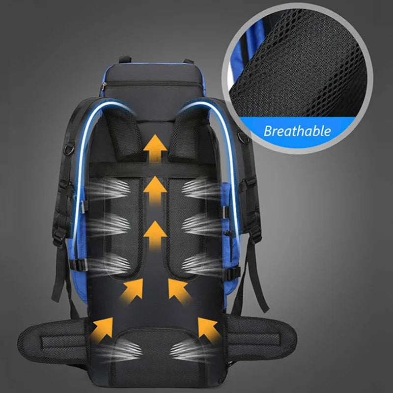 Men's 90L hiking backpack with adjustable straps & multiple compartments. Ideal for travel, camping, trekking.