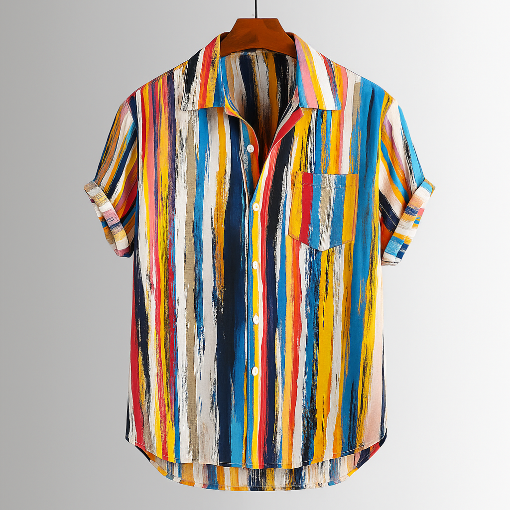 Men's abstract artisan print short sleeve shirt. Vibrant, relaxed fit for summer casual fashion.