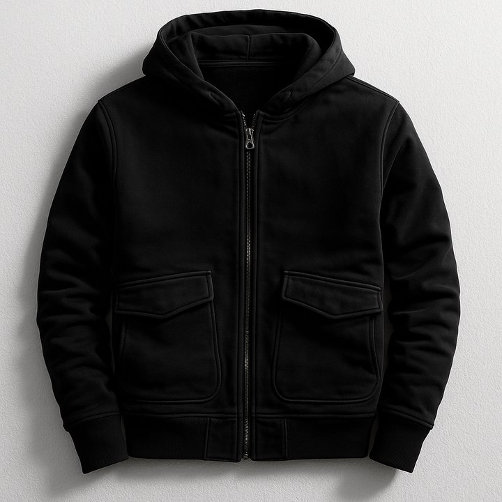 Modern men's urban hooded jacket, Ace Comfort. Essential casual outerwear for everyday street fashion.