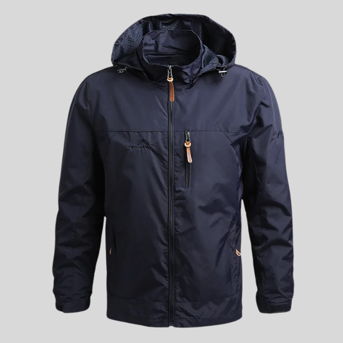 Close-up of men's lightweight alpine jacket, water-resistant fabric, sleek outdoor design details.