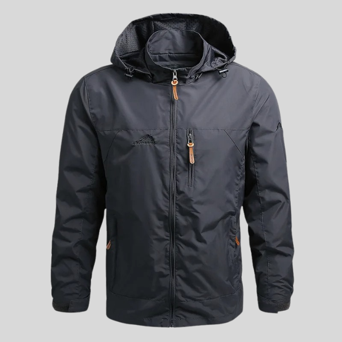 Back view: Men's water-resistant outdoor jacket, lightweight alpine style for active use & travel.