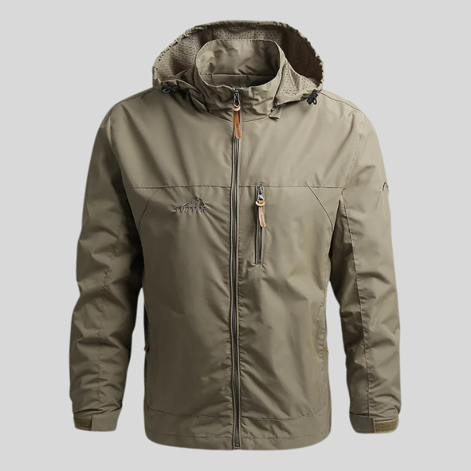 Front view: Men's lightweight alpine outdoor jacket, water-resistant, with zipper and pocket details.