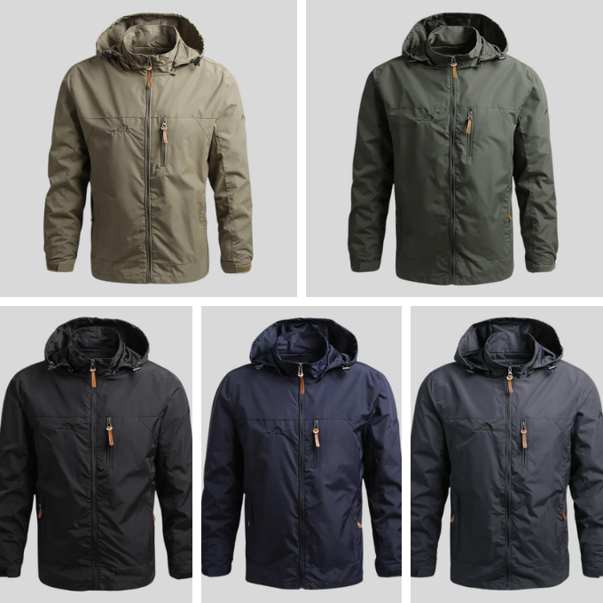 Man wearing lightweight water-resistant alpine outdoor jacket, hiking & exploring nature scenery.