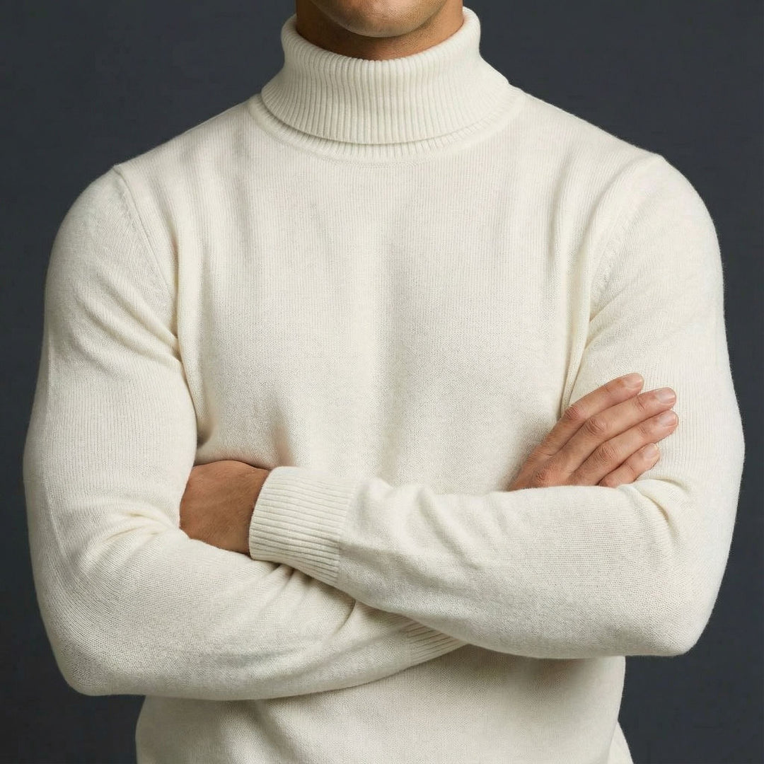 Elegant men's top: Alpine turtleneck sweater. Warm winter wear, great for smart casual & layering looks.