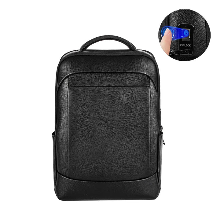 Secure black men's business laptop backpack with fingerprint lock for anti-theft protection and travel.