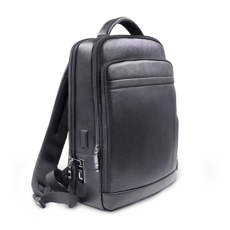 Men's anti-theft leather backpack with secure fingerprint lock, ideal for travel & work.