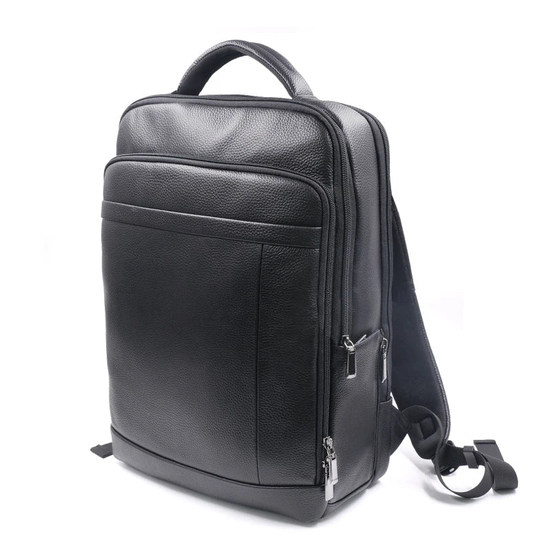 Modern men's leather anti-theft backpack with smart fingerprint lock, perfect for secure commute.