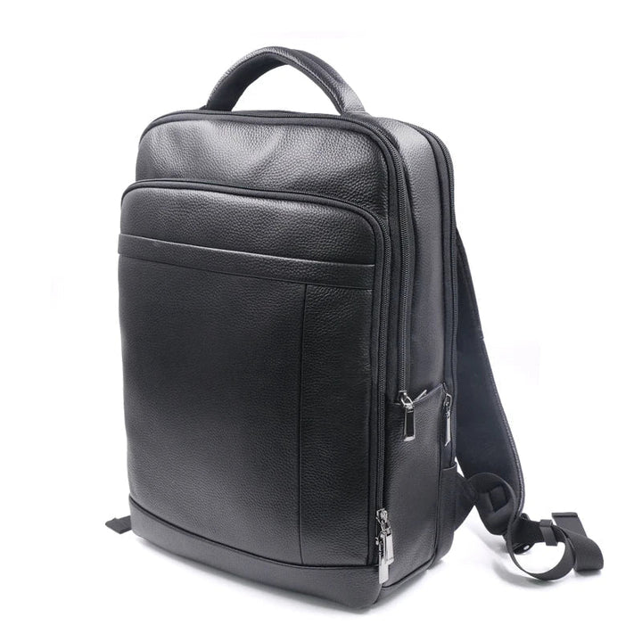 Modern men's leather anti-theft backpack with smart fingerprint lock, perfect for secure commute.