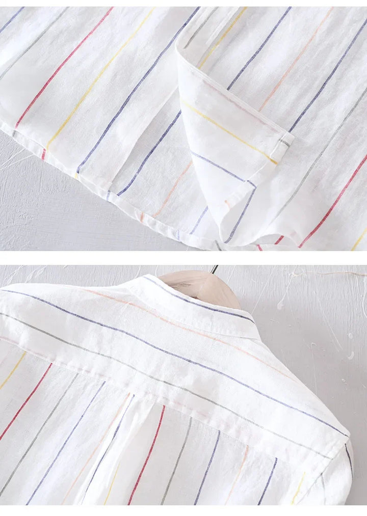 Men's coastal style white button-down shirt, comfortable and fashionable for summer.