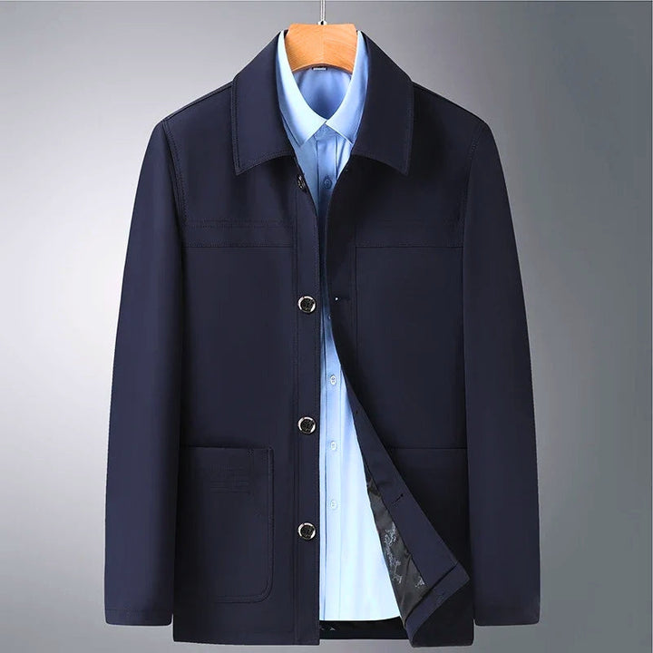 Elegant khaki men's Arlan Ridge all-season jacket. Versatile comfort coat for business casual men's fashion.