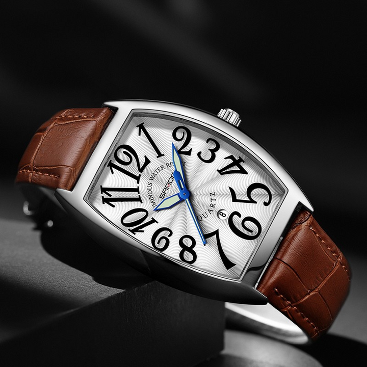 Men's Art Deco tonneau watch with black leather strap, vintage style, elegant timepiece.