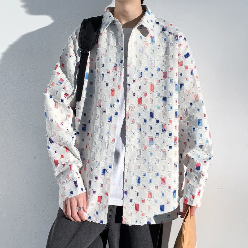 Men's artisan pattern casual shirt, featuring a unique, colorful design & button-up front, perfect for modern fashion.