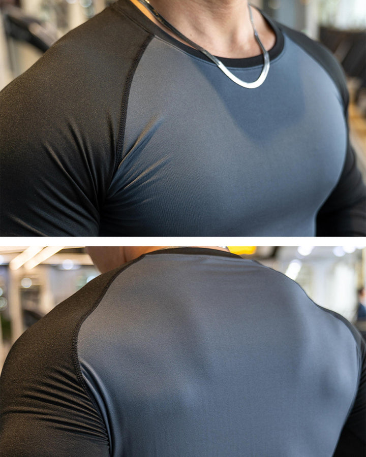 Comfortable men's athletic long sleeve top, shoulder cut, perfect for everyday activewear.