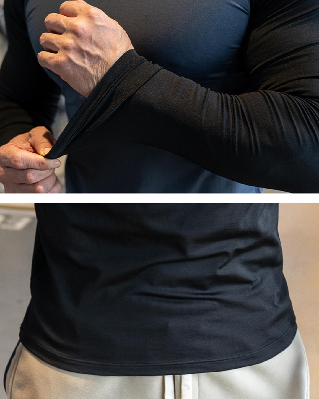 Men's long sleeve workout shirt, shoulder cut, engineered for athletic performance.