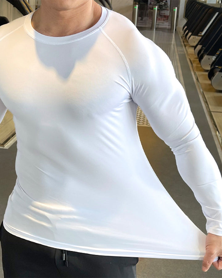 Men's long sleeve fitness top, athletic shoulder cut, designed for serious training.