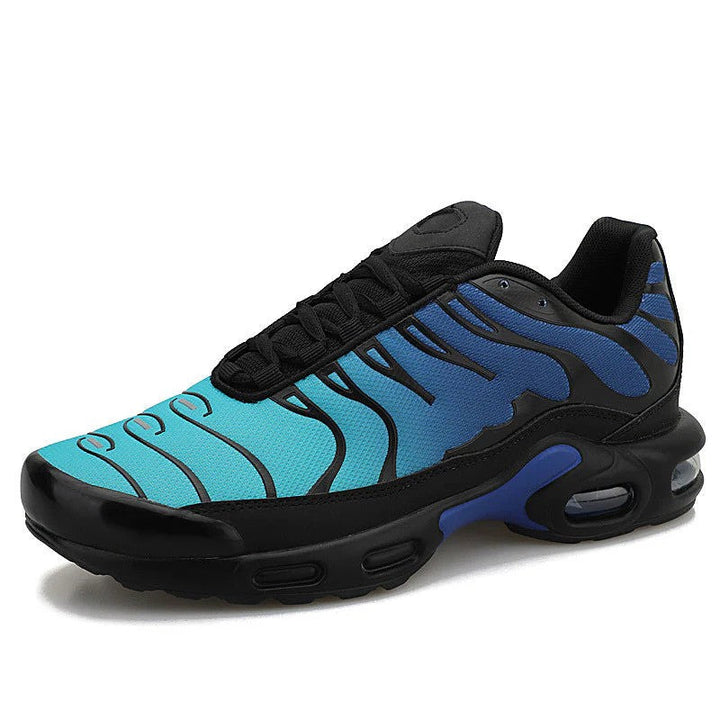 Side view of men's performance athletic running shoes, showcasing air cushion sole & breathable mesh upper.