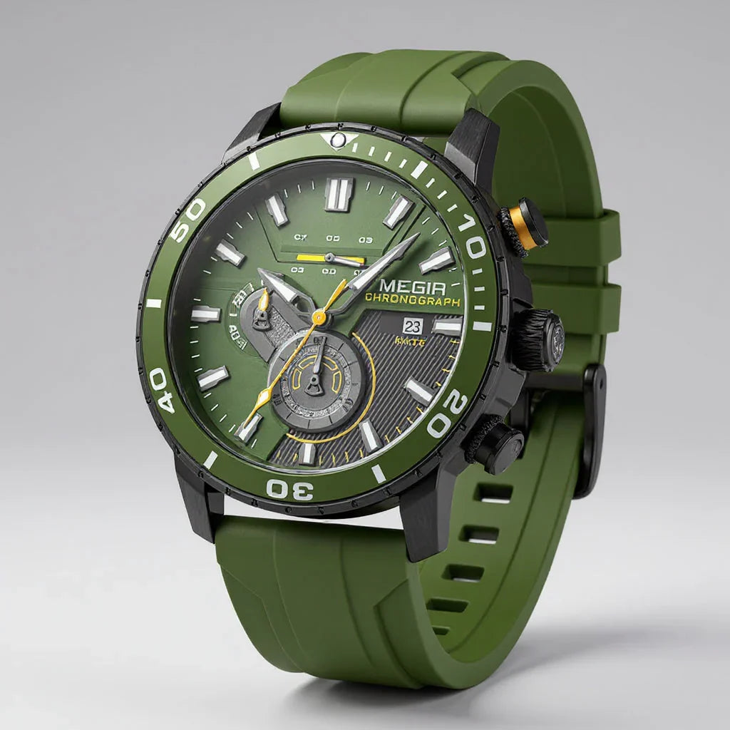 Men's Aurelius Chronomaster Precision Watch with Swiss quartz, ceramic bezel, & black silicone strap.
