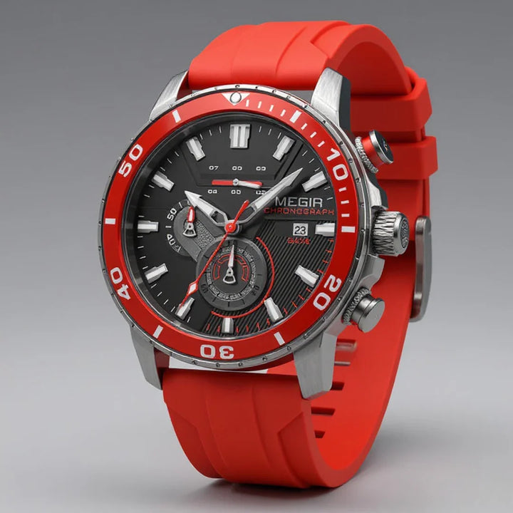Elegant Men's Aurelius Chronomaster Swiss quartz precision timepiece, ceramic bezel & silicone band.