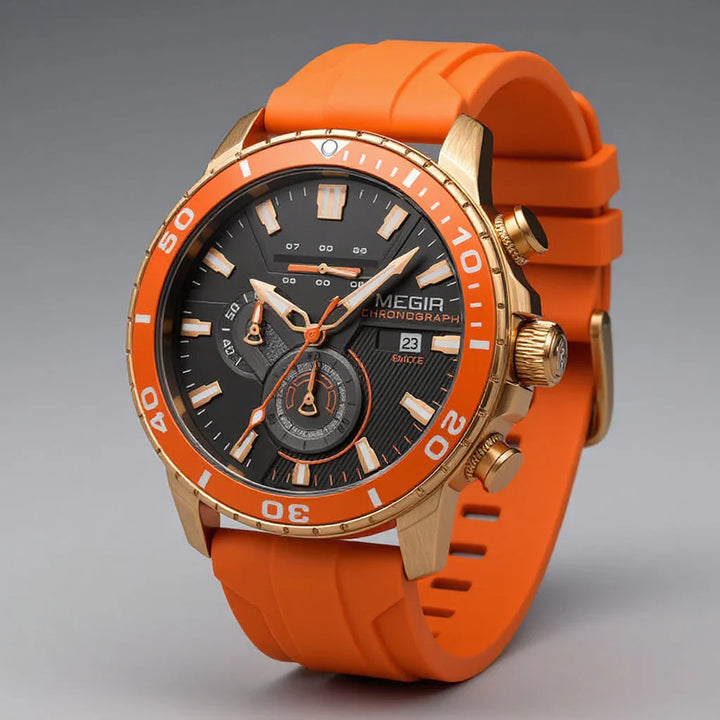 Waterproof Aurelius Chronomaster men's watch; Swiss quartz chronograph, durable ceramic bezel.
