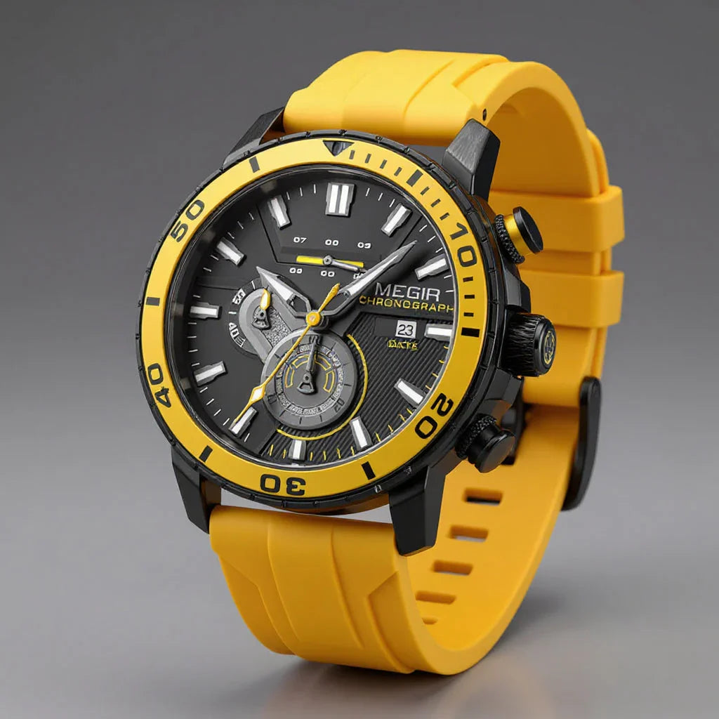 Aurelius Chronomaster precision men's watch, Swiss quartz, chronograph, silicone strap, ceramic bezel.