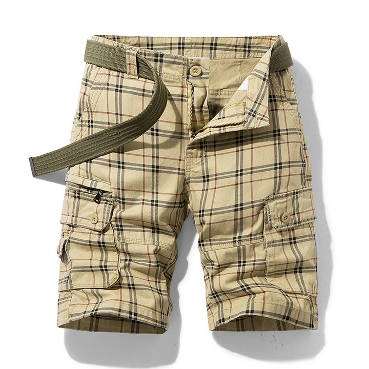 Relaxed fit men's adventure cargo shorts with check pattern. Comfortable for all-day wear.