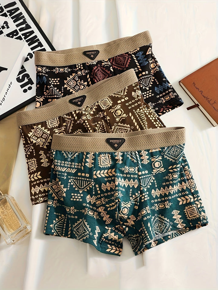 Men's Aztec 3-pack comfort boxer briefs. Soft modal, stretch fabric, breathable anti-chafe underwear.
