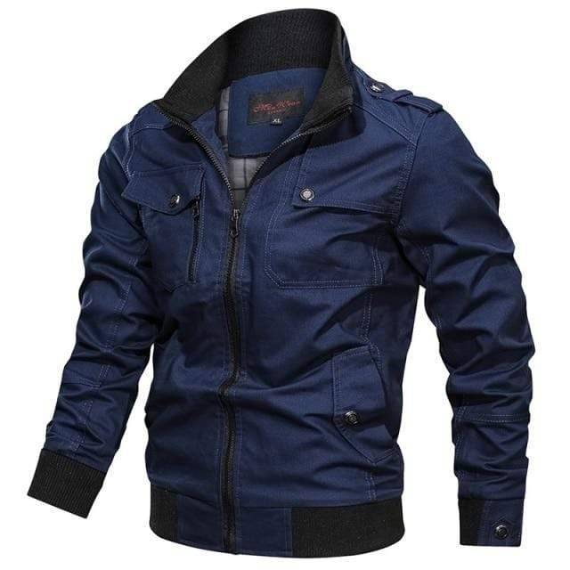 Men's cargo bomber jacket in a dynamic pose, suitable for outdoor activities, capturing its functional aesthetic