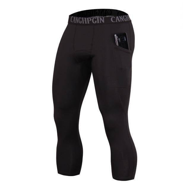 Gym workout capri leggings for men, black compression fit, versatile sports apparel.