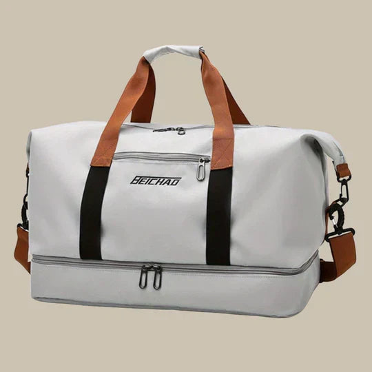 Heavy-duty men's duffle bag; tough, waterproof design with shoe compartment for gym, sports & travel.