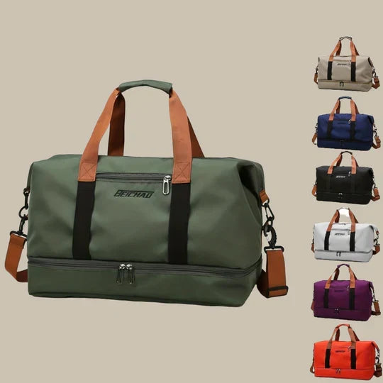 Stylish black men's duffle gym bag, sleek design with shoe compartment for modern travel & workout needs.