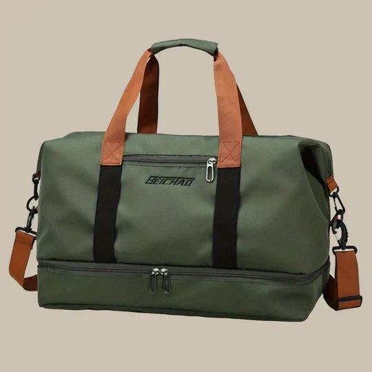 Multi-functional men's duffle bag: gym, travel, sports. Features a separate shoe compartment for convenience.